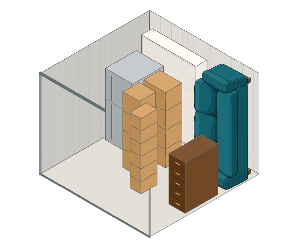 Illustration of a 10x10 storage unit with furniture and boxes