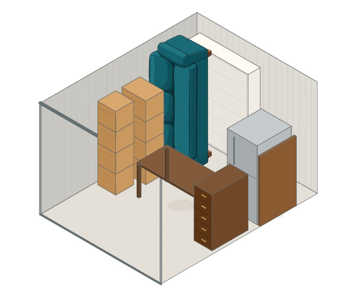 Illustration of a 10x13 storage unit with furniture and boxes
