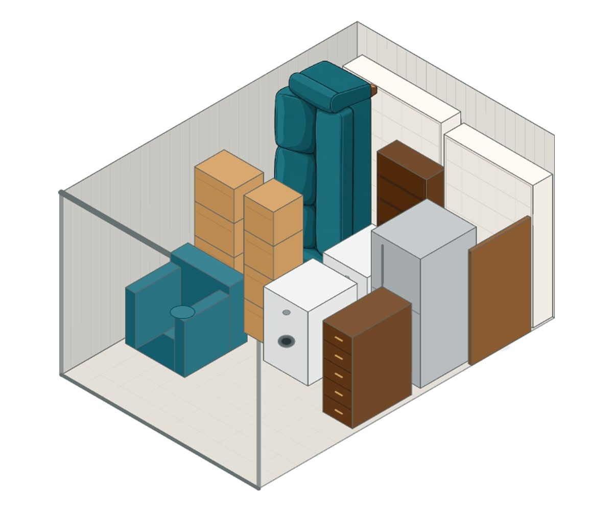 Illustration of a 10x15 storage unit with furniture and boxes