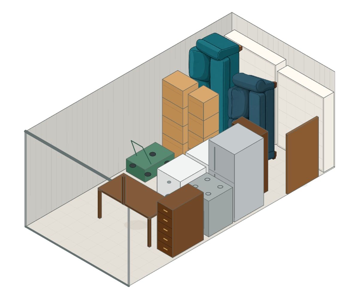 Illustration of a 10x20 storage unit with furniture and boxes