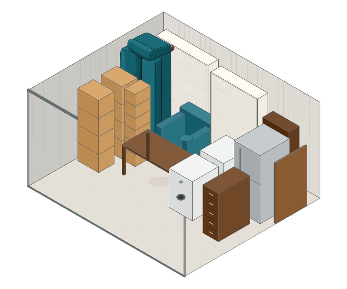 Illustration of a 15x13 storage unit with furniture and boxes