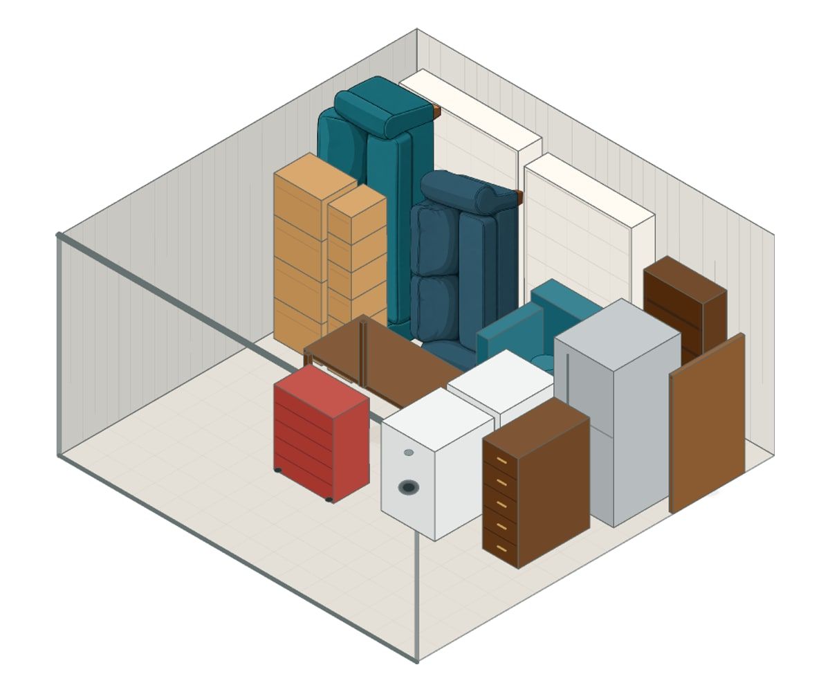 Illustration of a 15x15 storage unit with furniture and boxes
