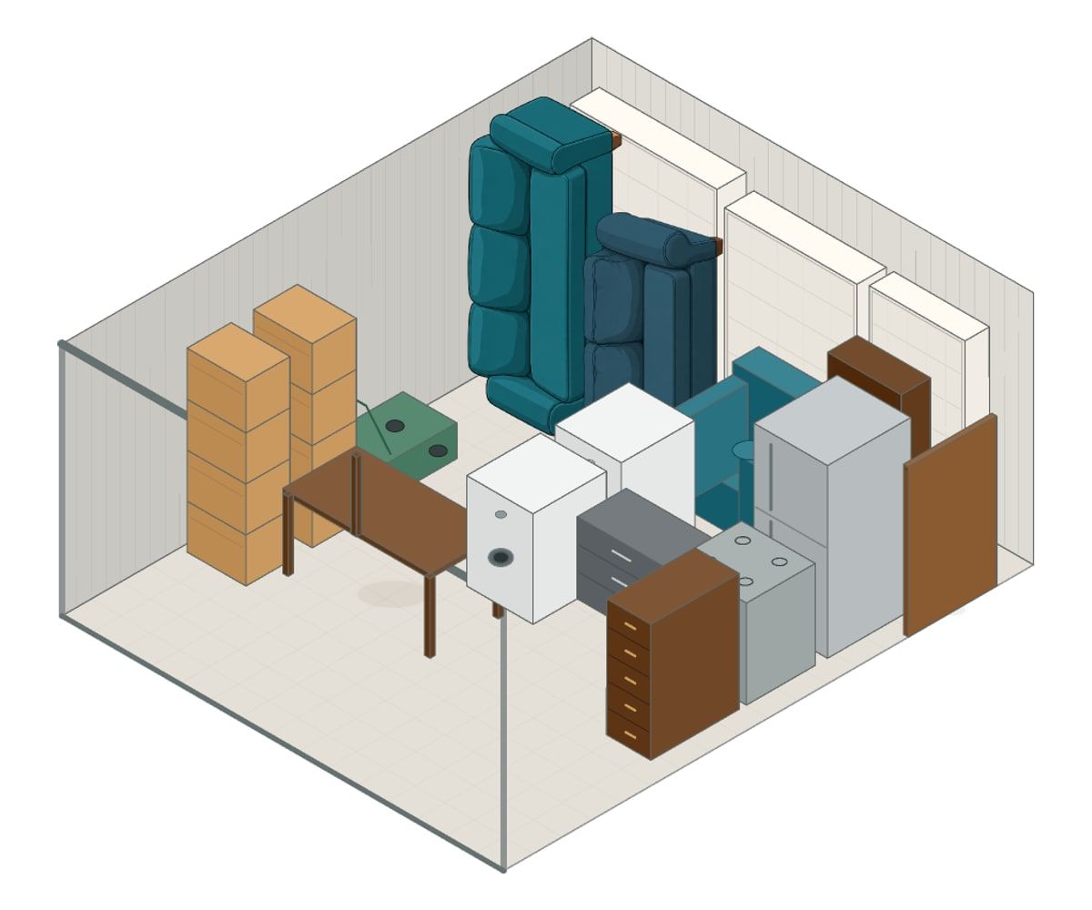 Illustration of a 15x18 storage unit with furniture and boxes
