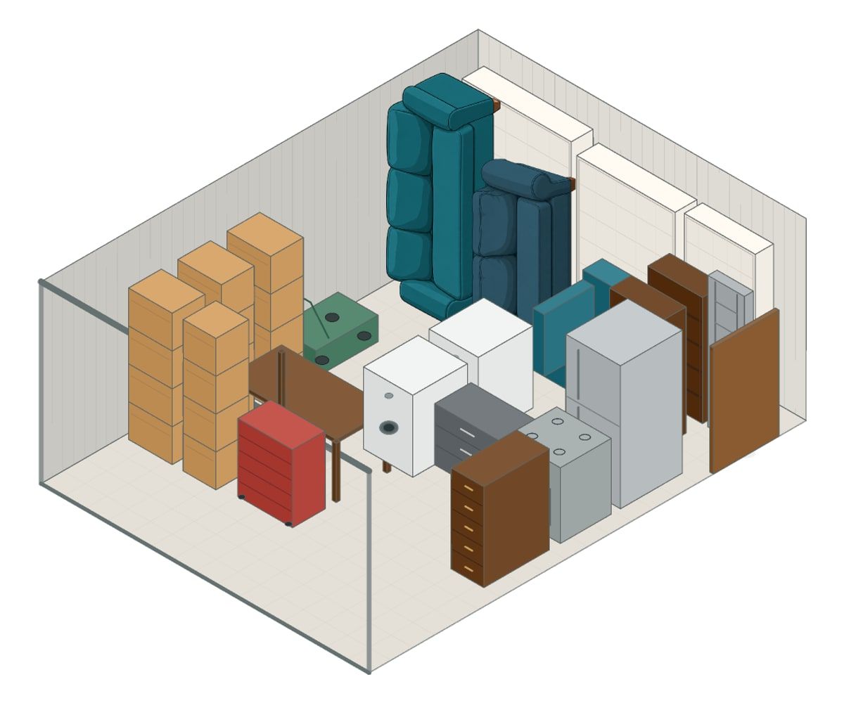 Illustration of a 15x20 storage unit with furniture and boxes