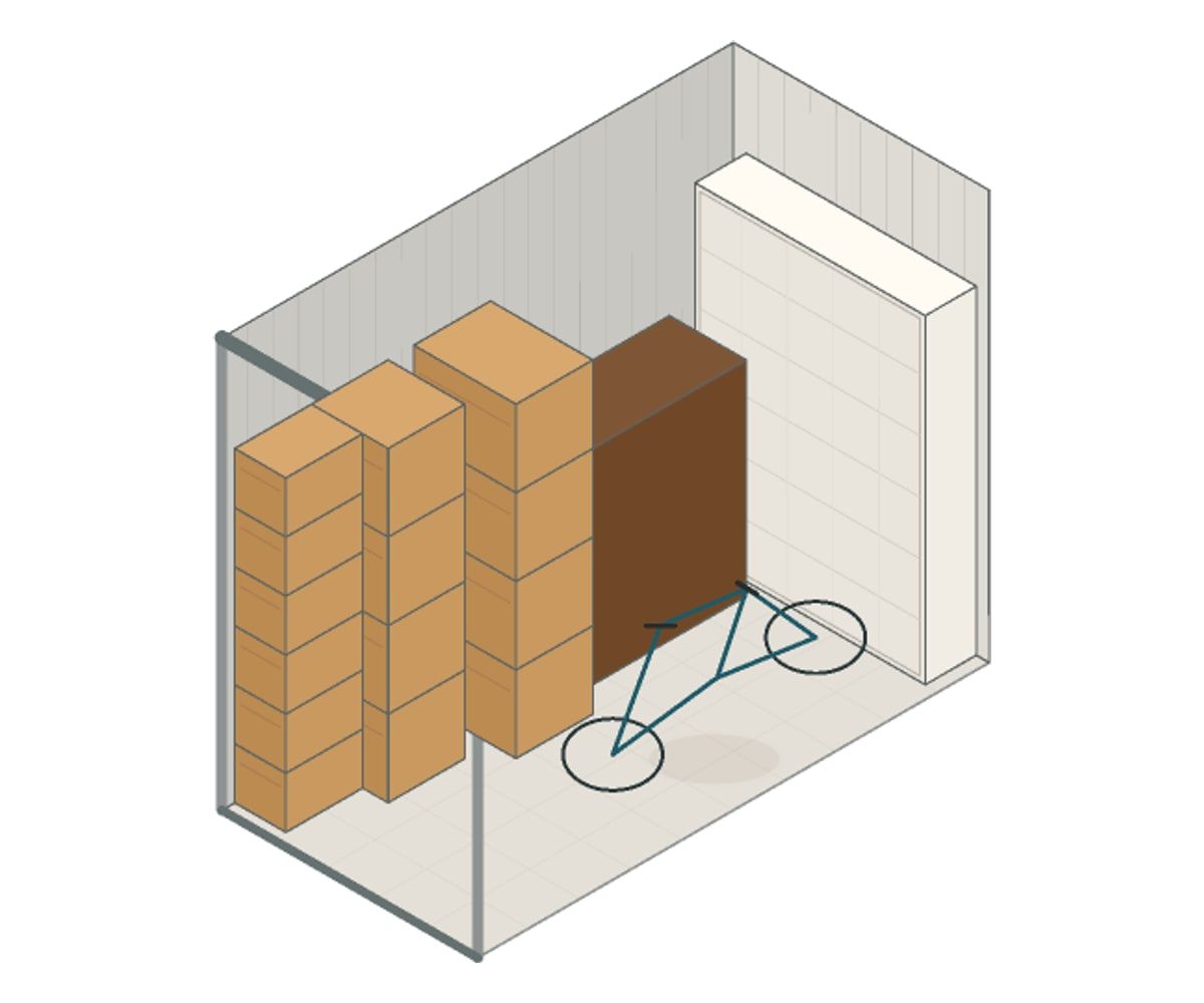 Illustration of a 5x10 storage unit with furniture and boxes