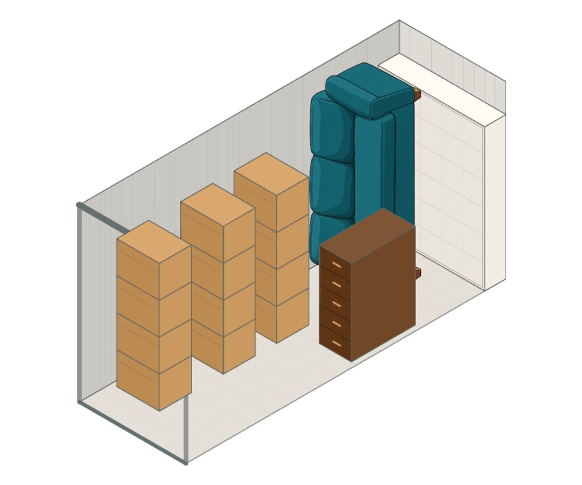 Illustration of a 5x15 storage unit with furniture and boxes