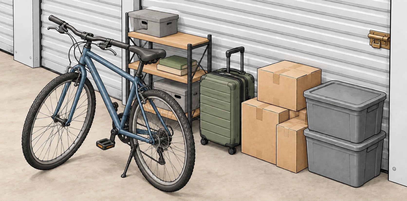 Illustration of a bicycle, a small shelf, a suitcase, boxes and gray lidded bins in front of a closed silver roll-up door.