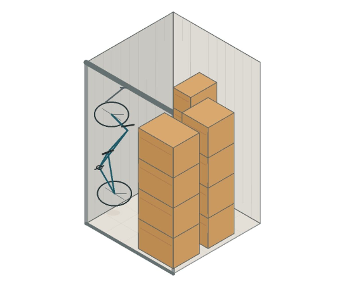 Illustration of a 5x5 storage unit with furniture and boxes