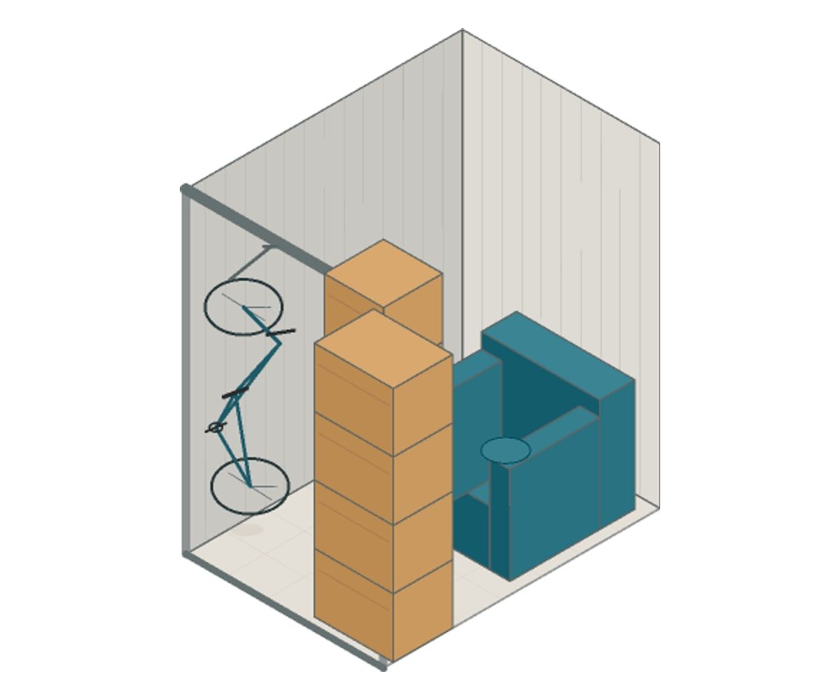 Illustration of a 5x7 storage unit with furniture and boxes