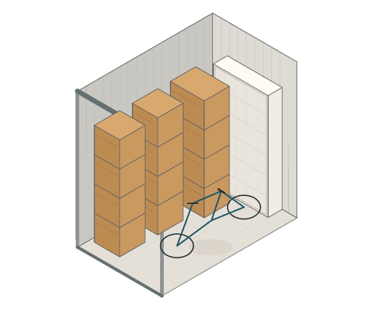 Illustration of a 5x8 storage unit with furniture and boxes