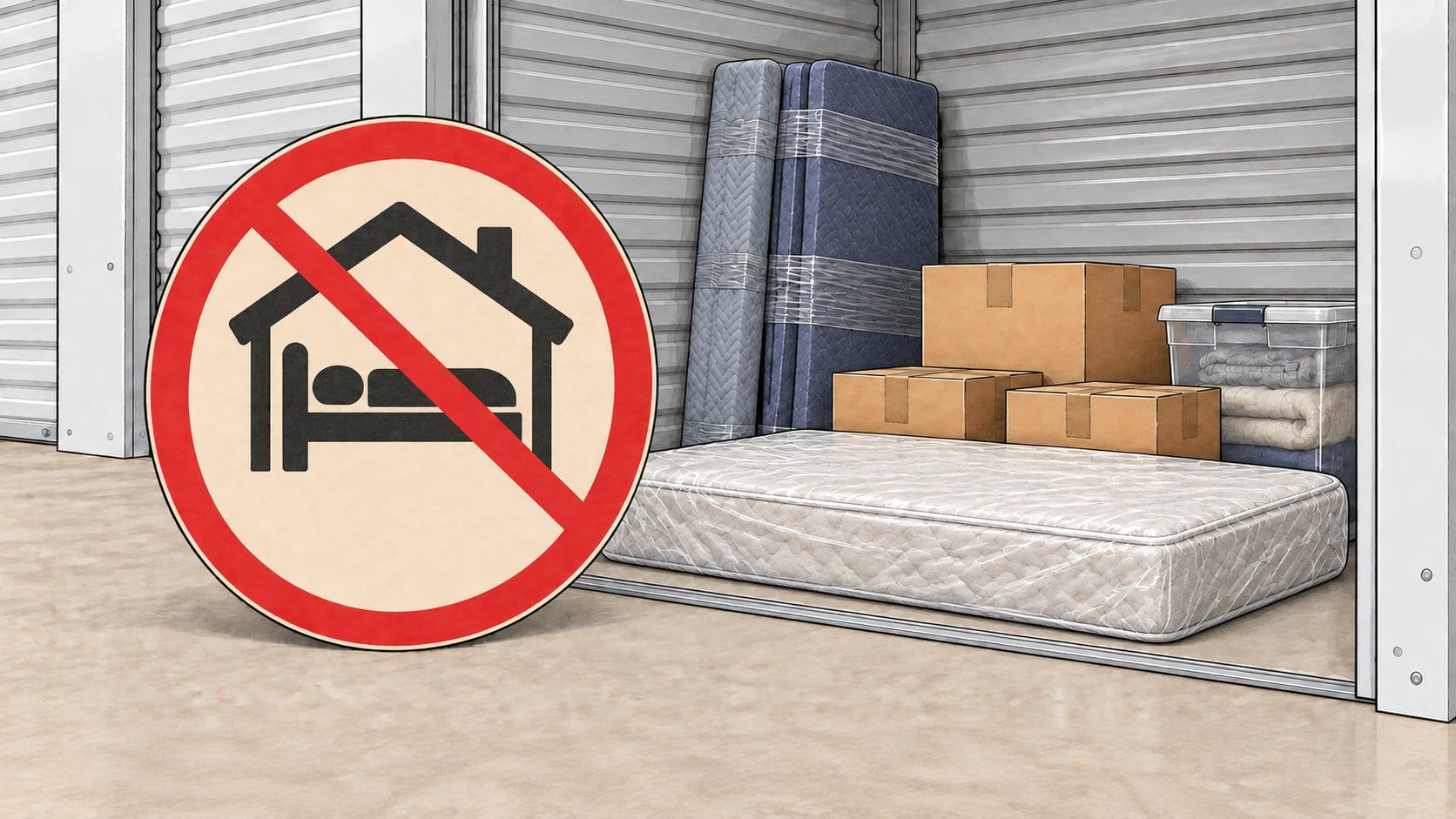 Illustration of a no-sleeping symbol beside an open storage unit holding a mattress lying flat, boxes and a clear bin