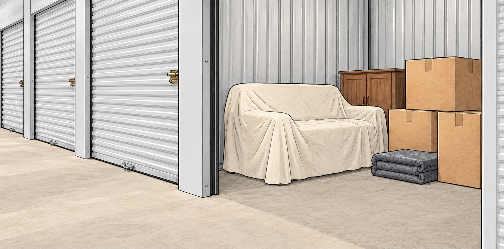 Illustration of an indoor storage hallway with roll-up doors and an open unit holding a covered loveseat, cabinet and boxes