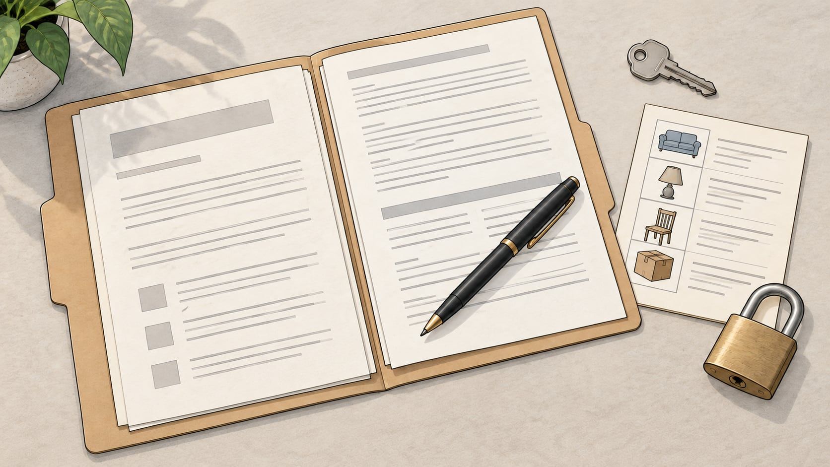 Overhead illustration of an open folder of paperwork, a pen, a household inventory sheet, a key and a padlock on a desk