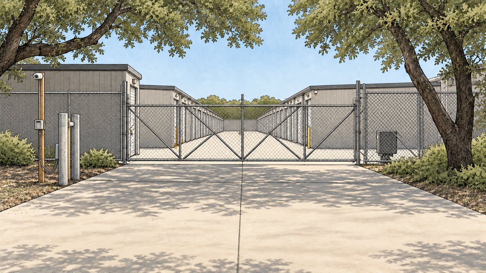 Illustration of a chain-link sliding gate between storage buildings, with a camera on a post, two bollards and oak trees