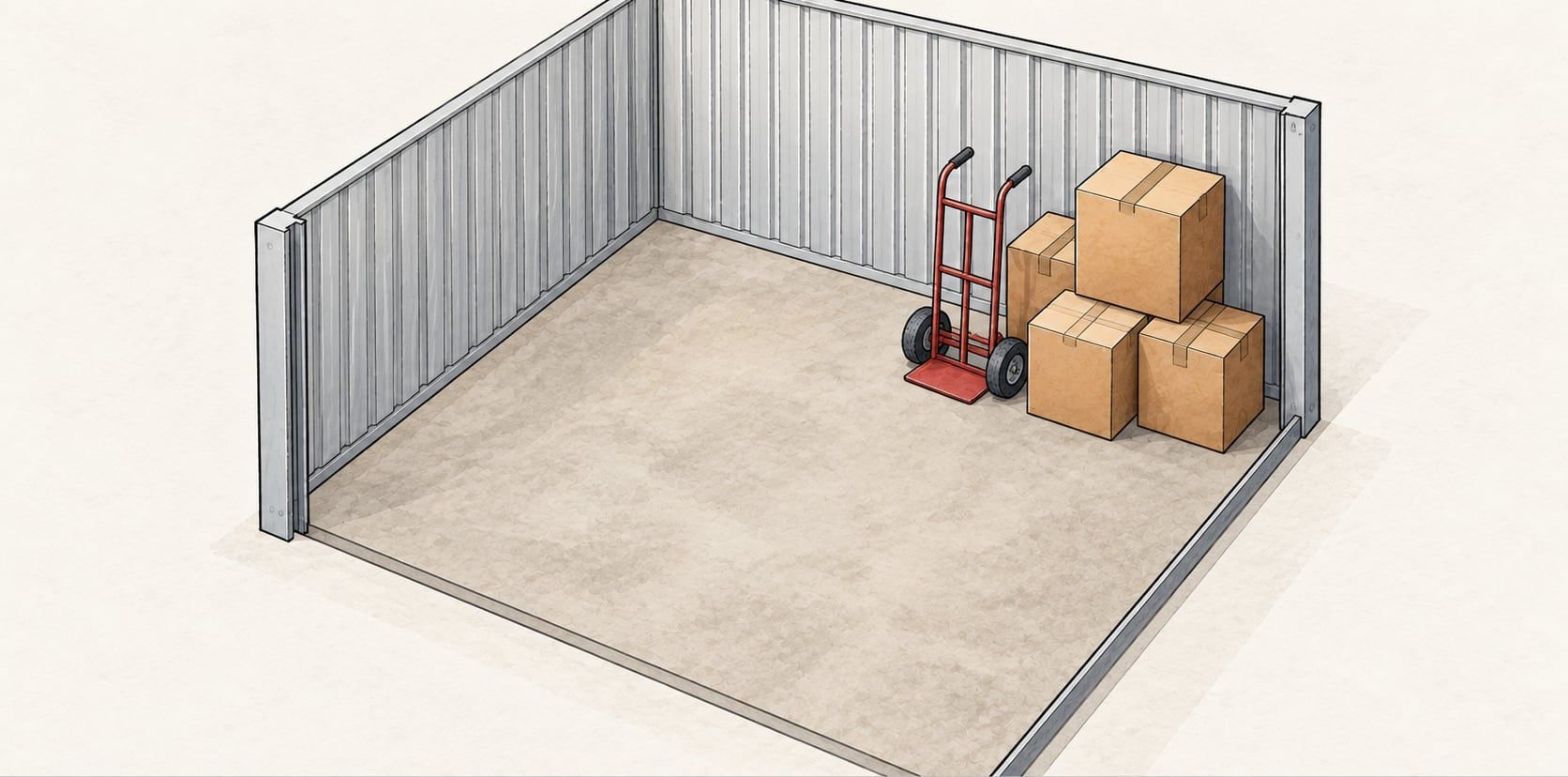 Conceptual cutaway illustration of a square storage unit with low metal walls, a hand truck and four boxes in one corner