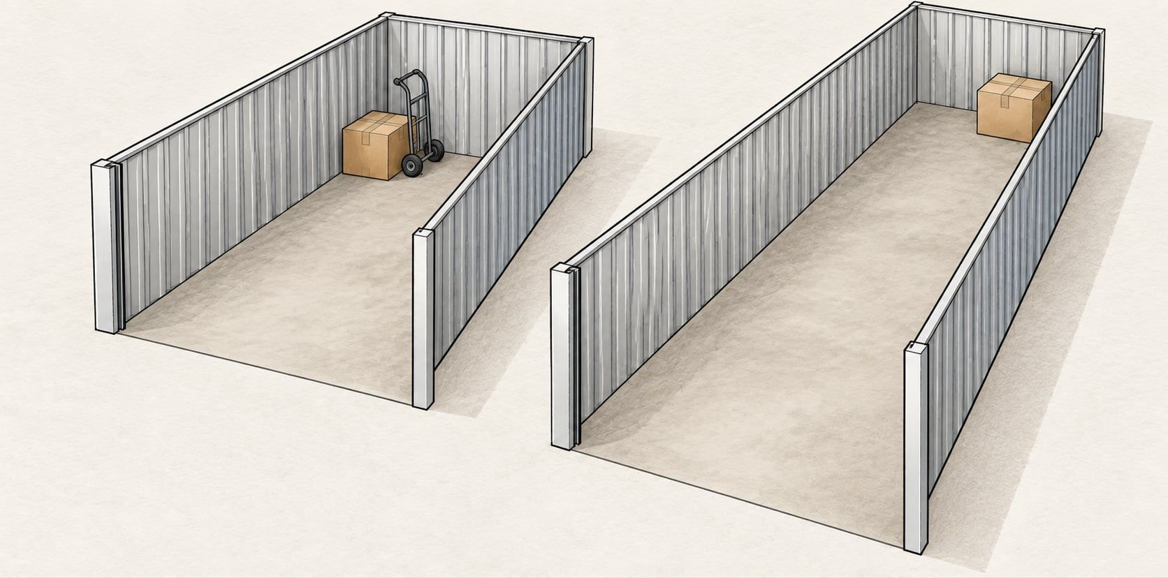 Illustration of two roofless storage spaces in perspective, one longer than the other, with a box in each and a hand truck.