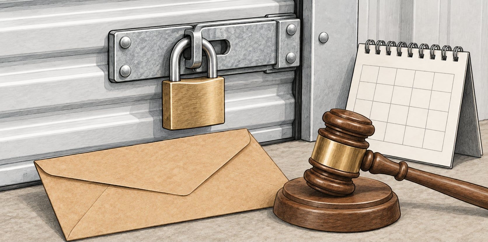 Illustration of a brass padlock on a storage door hasp, with a kraft envelope, a blank desk calendar and an auction gavel.