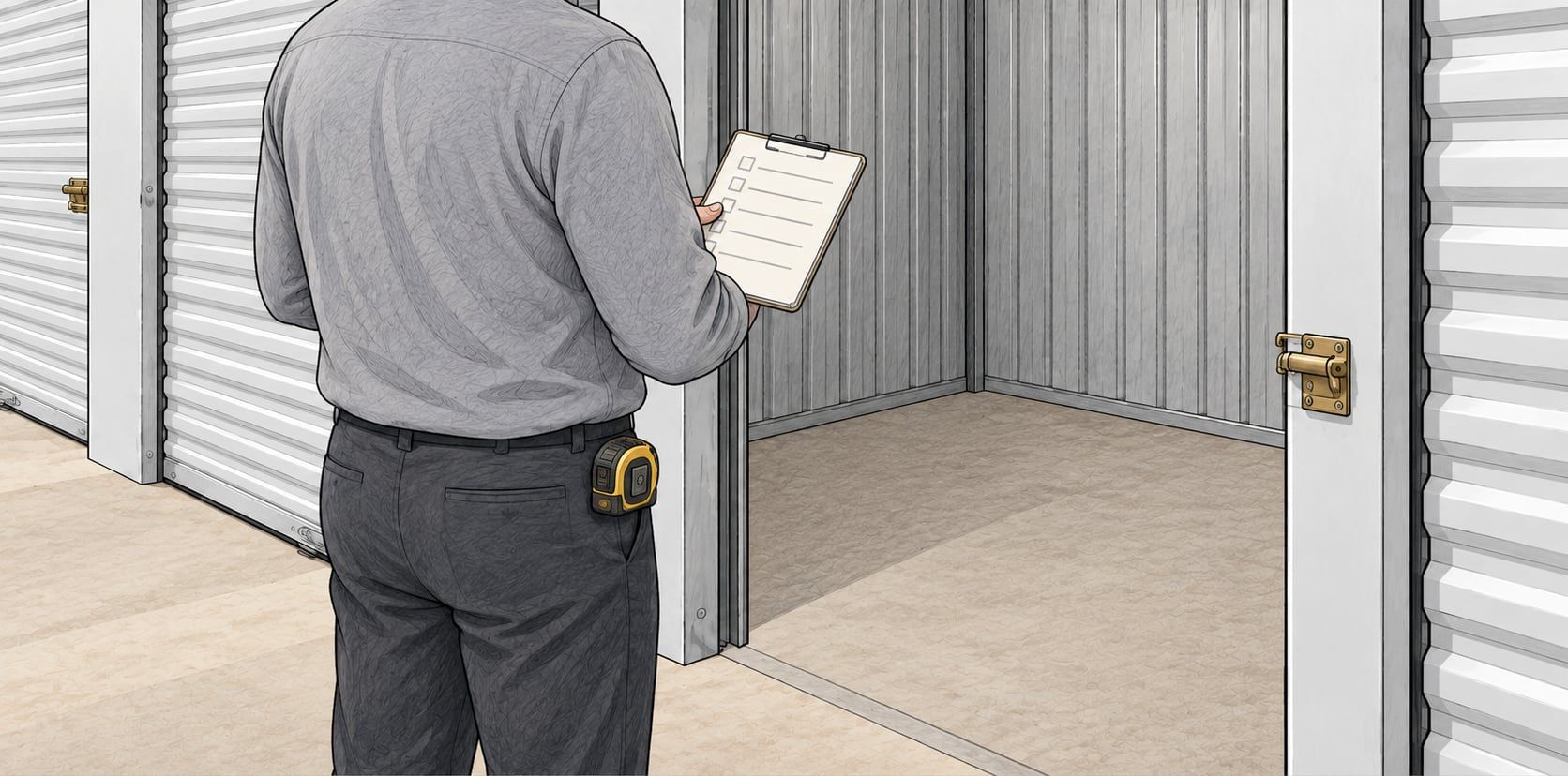 Illustration of a man holding a clipboard checklist, a tape measure at his hip, looking into an empty storage unit.
