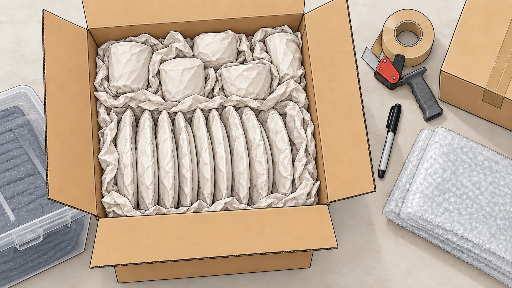 Overhead illustration of a box of dishes each wrapped in paper, the plates standing on edge and the cups on top, with tape