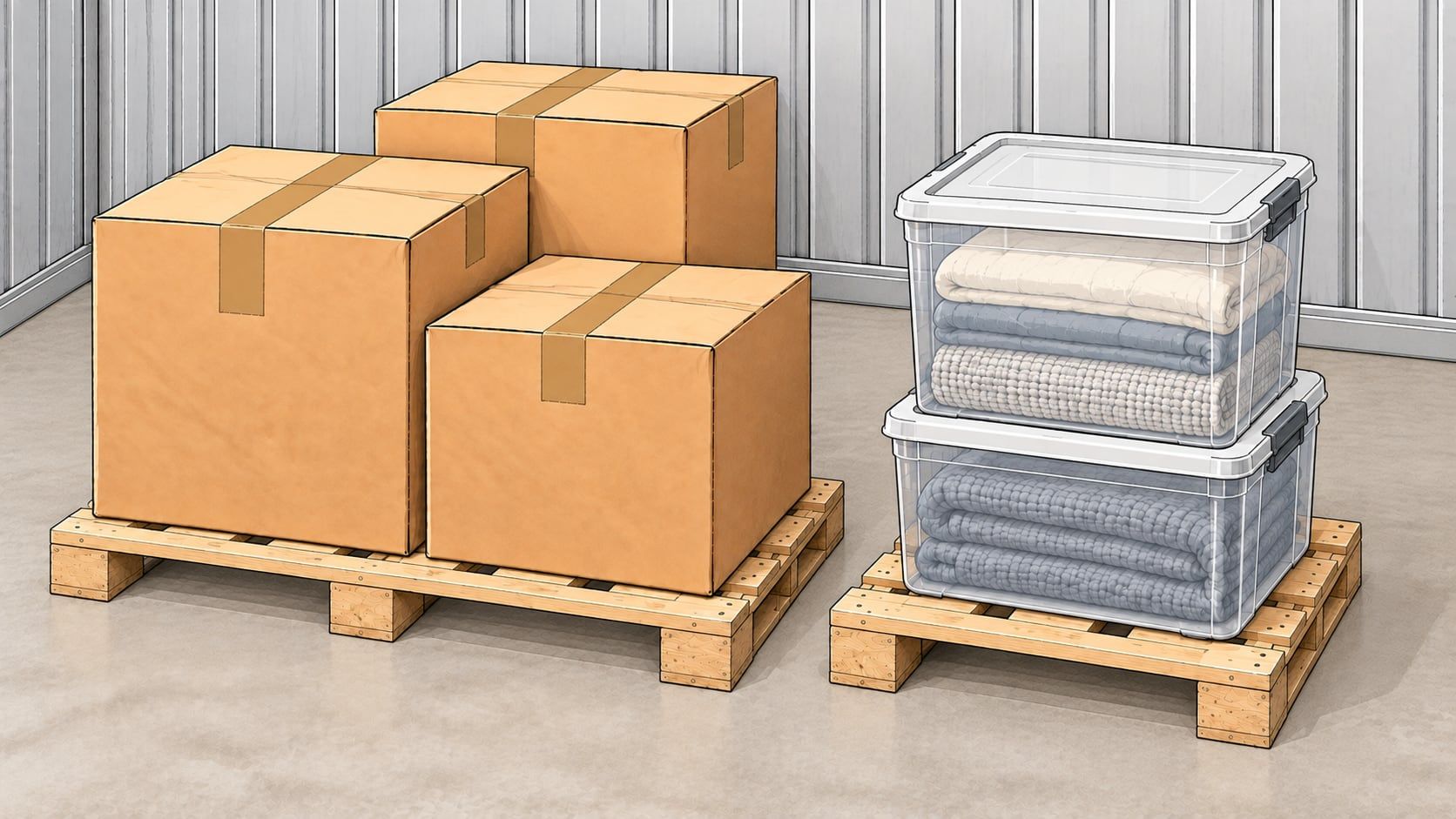 Illustration of taped boxes and clear lidded bins of folded blankets raised on wooden pallets inside a storage unit