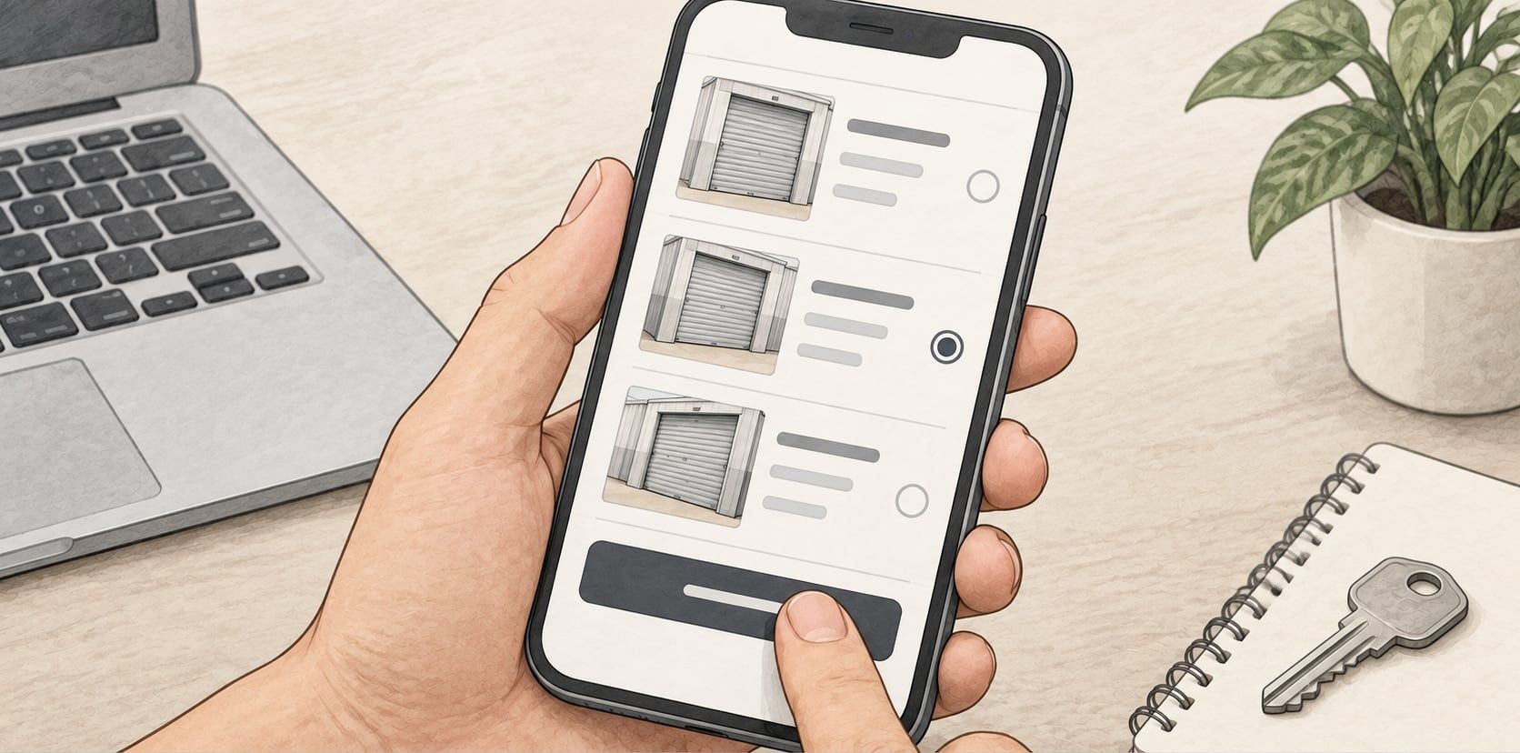 Illustration of a hand choosing a storage unit from a list on a smartphone, beside a laptop, notebook, plant and key.