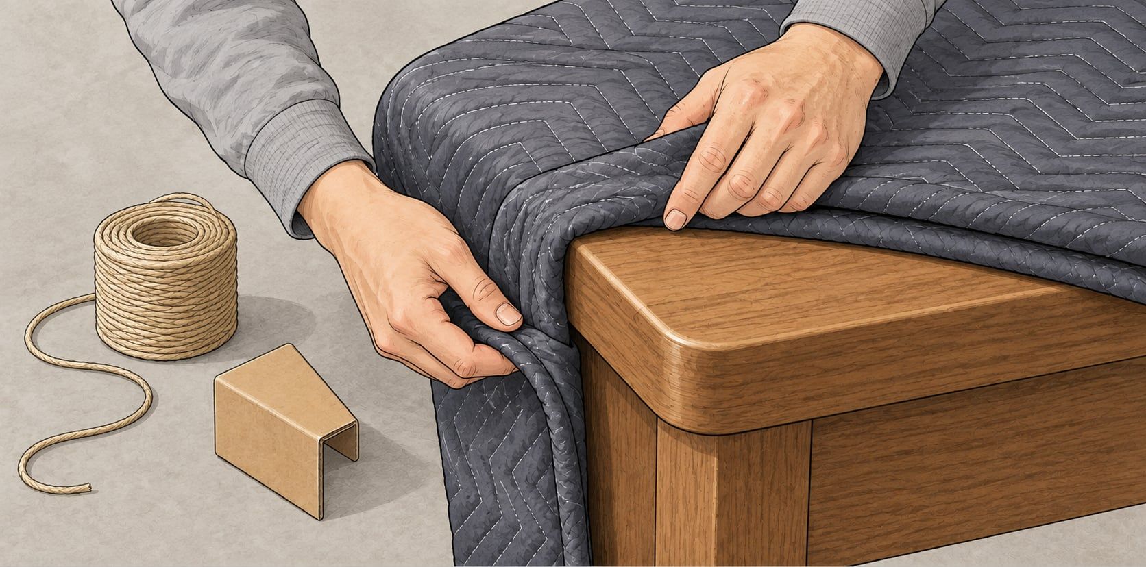 Illustration of hands draping a quilted moving blanket over the corner of a wooden table, beside twine and a corner guard.