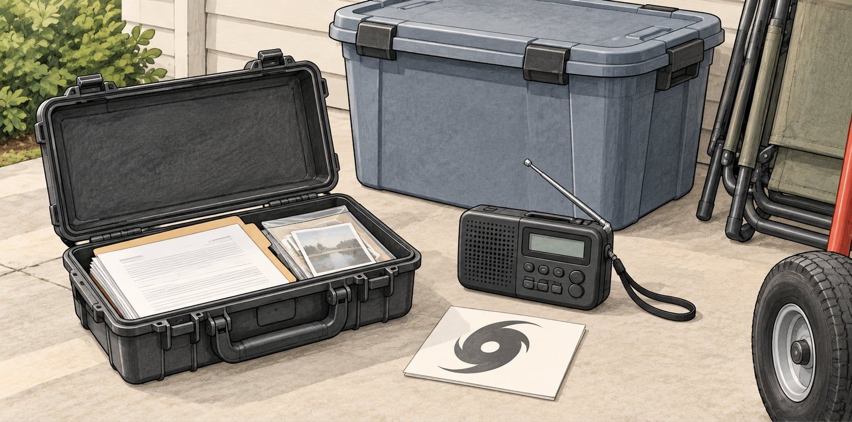 Illustration of an open case of papers and photos, a weather radio, a hurricane-symbol card, a gray tote and folded chairs.