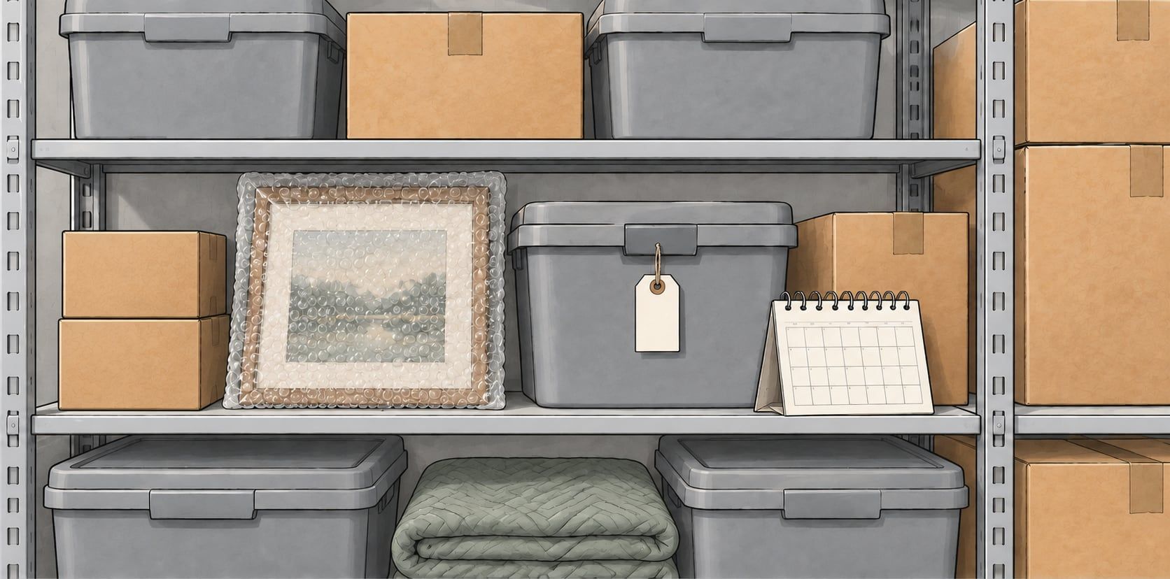 Illustration of metal shelves with lidded gray bins, boxes, a bubble-wrapped framed picture, a folded blanket and a calendar.