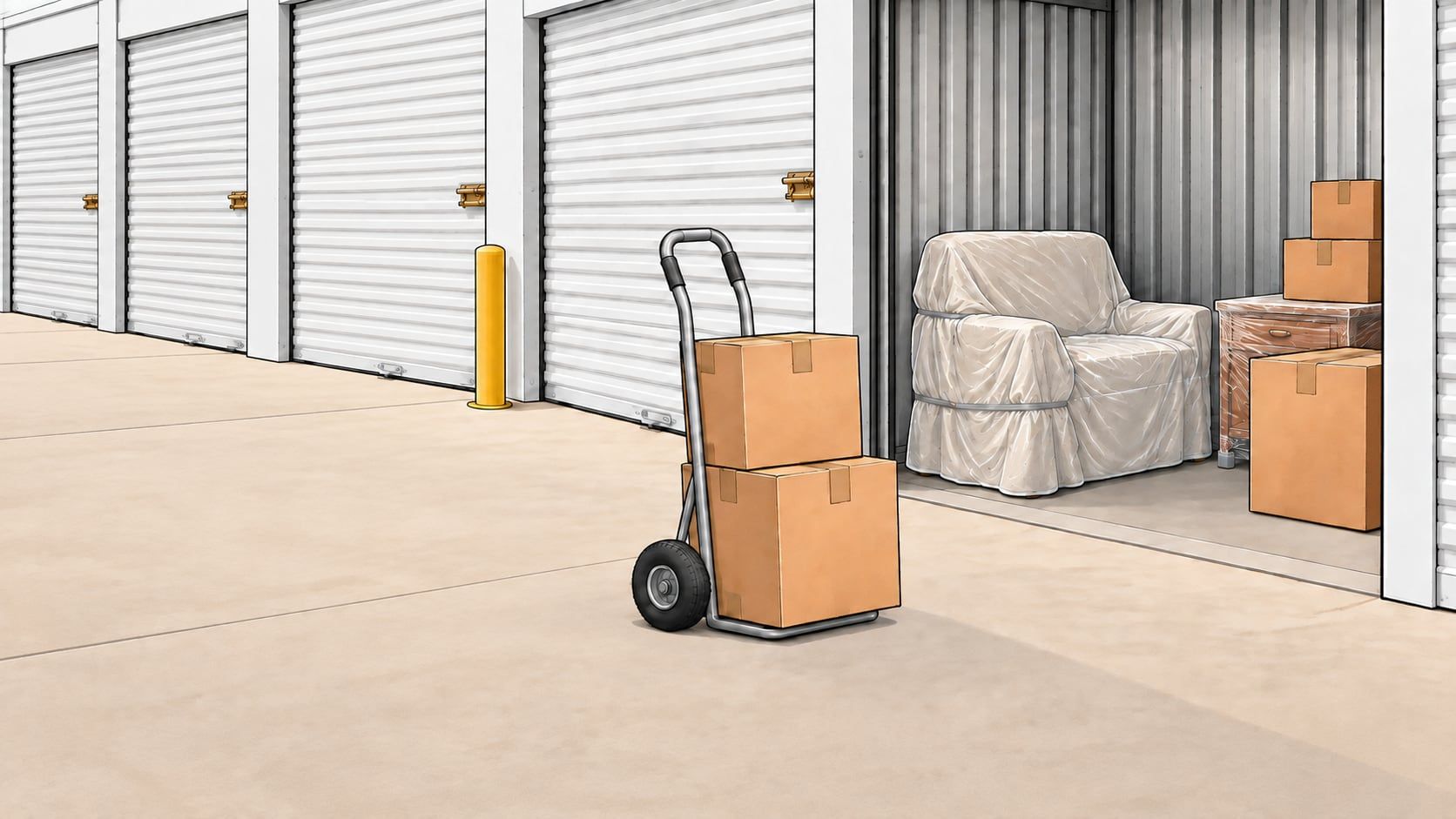 Illustration of a hand truck with two boxes on a concrete drive beside an open roll-up unit holding a covered chair and boxes
