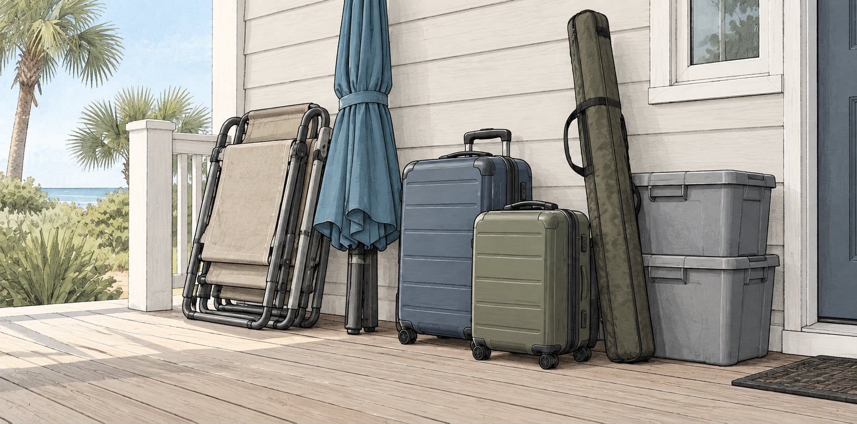 Illustration of folded beach chairs, a closed umbrella, two suitcases, a fishing-rod case and gray totes on a coastal porch.