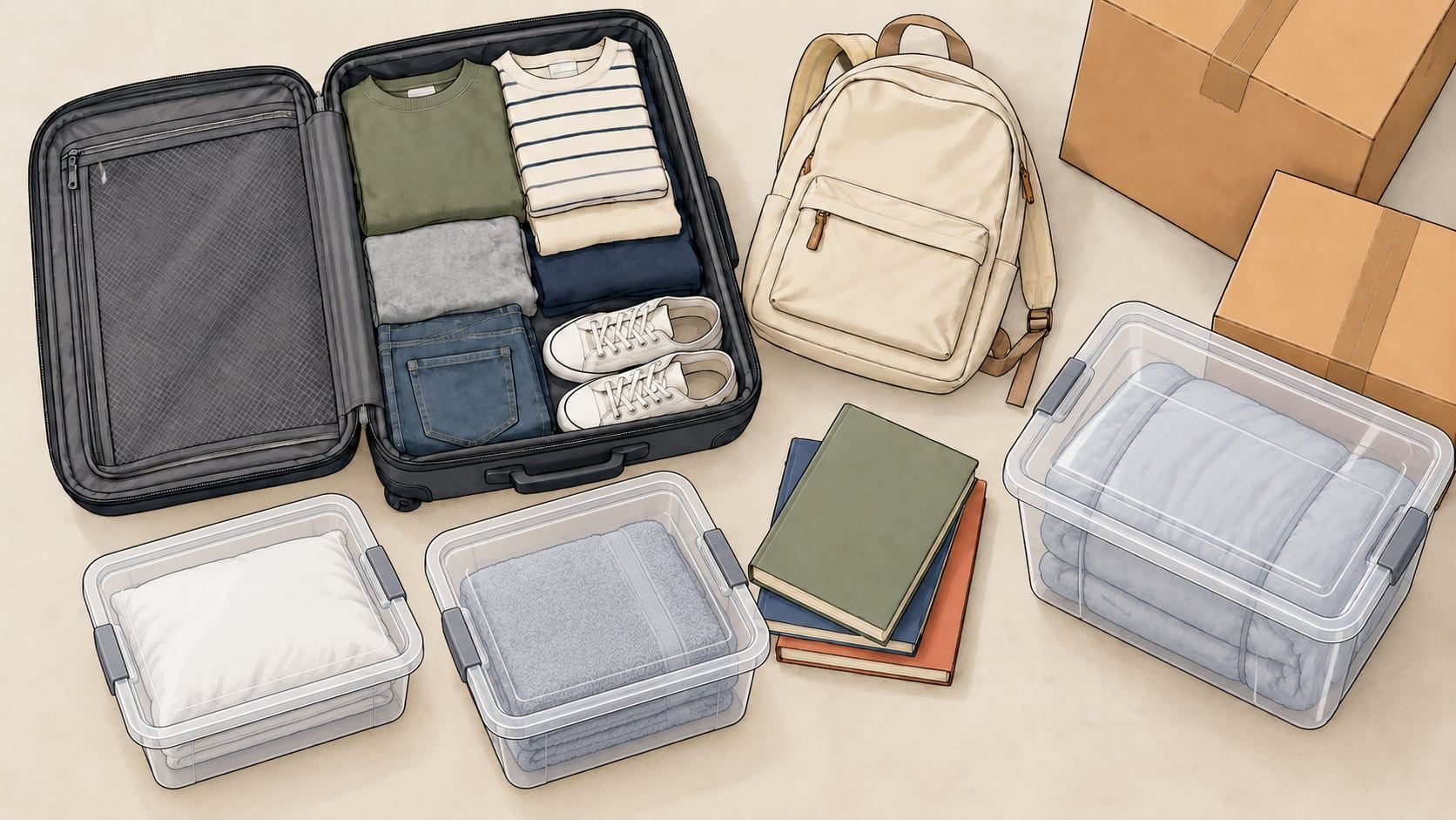 Overhead illustration of an open suitcase of folded clothes, a backpack, books, boxes and clear bins of bedding and towels