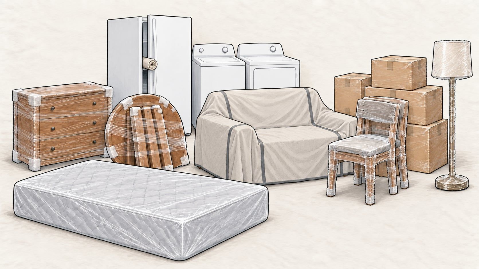 Illustration of a mattress lying flat, a refrigerator, a washer and dryer, a covered sofa, a dresser, chairs and boxes