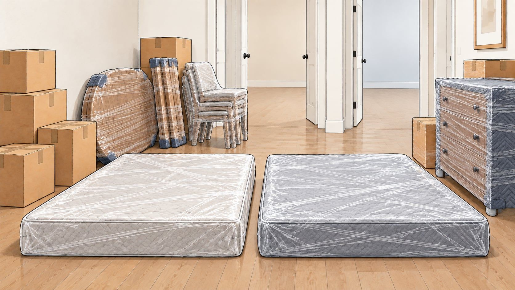 Illustration of two wrapped mattresses lying flat in a hallway beside boxes, stacked chairs, a table top and a dresser